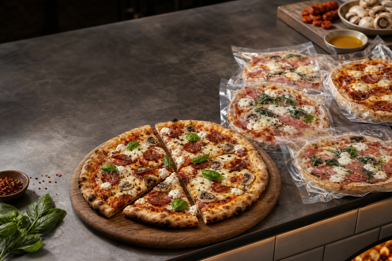 Assortiment de pizzas précuites et prêtes à réchauffer